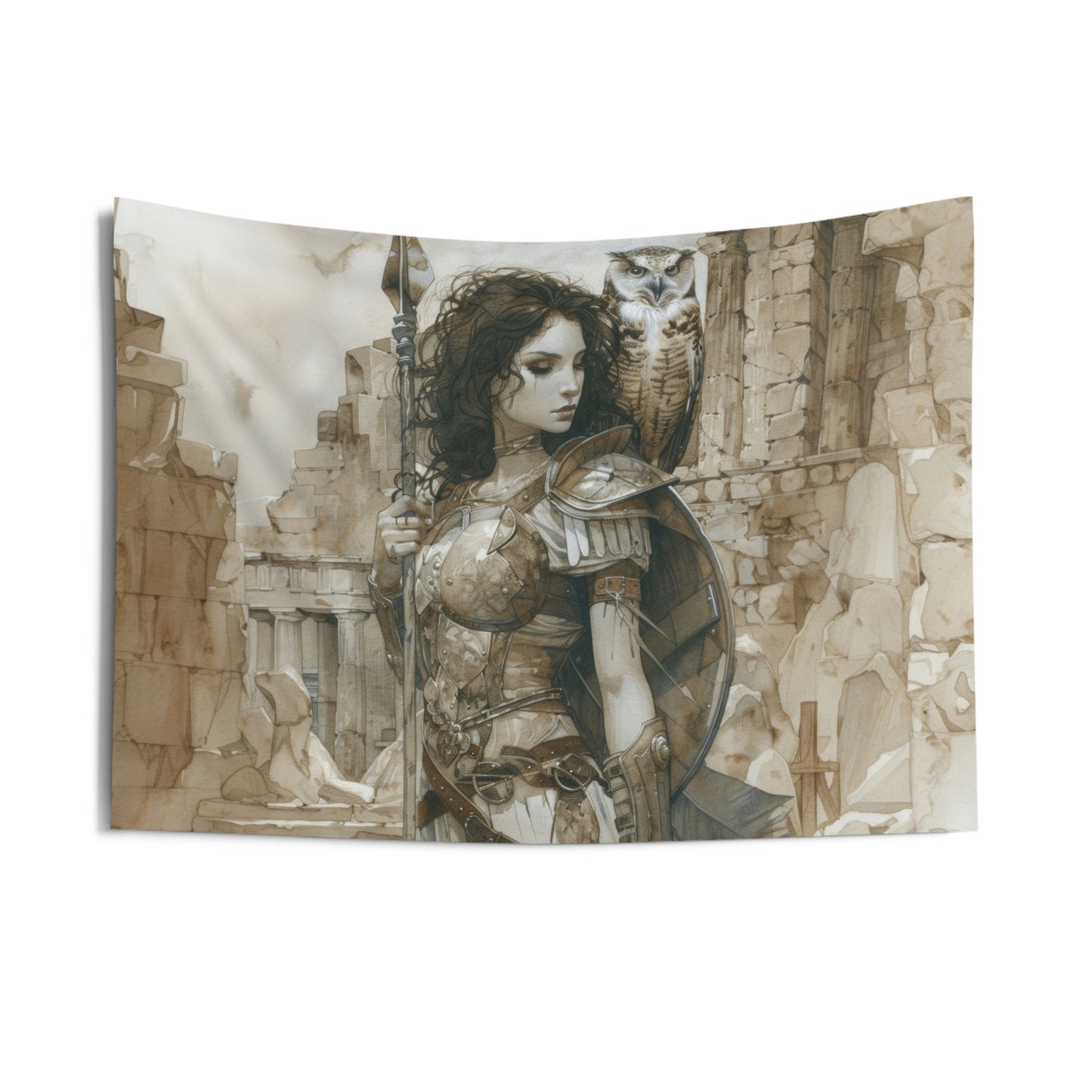 Athena's Wisdom Wall Tapestry, Greek Warrior Goddess & Owl, Monumental Valor Artwork, Inspirational Interior Majesty