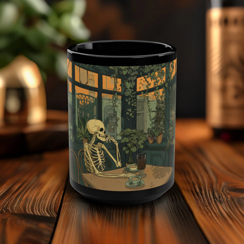 Skeleton Drinking Coffee in Paris Cafe 15oz Coffee Mug, Cottagecore Design, Cozy Romantic Style Lover Tea Mug, Gift For Her, Black Handle