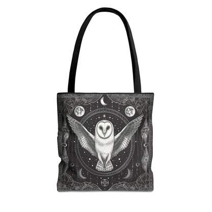 Mystical White Barn Owl Tote Bag – Dark Occult & Sacred Geometry Design, Durable Polyester in 3 Sizes with Black Handles