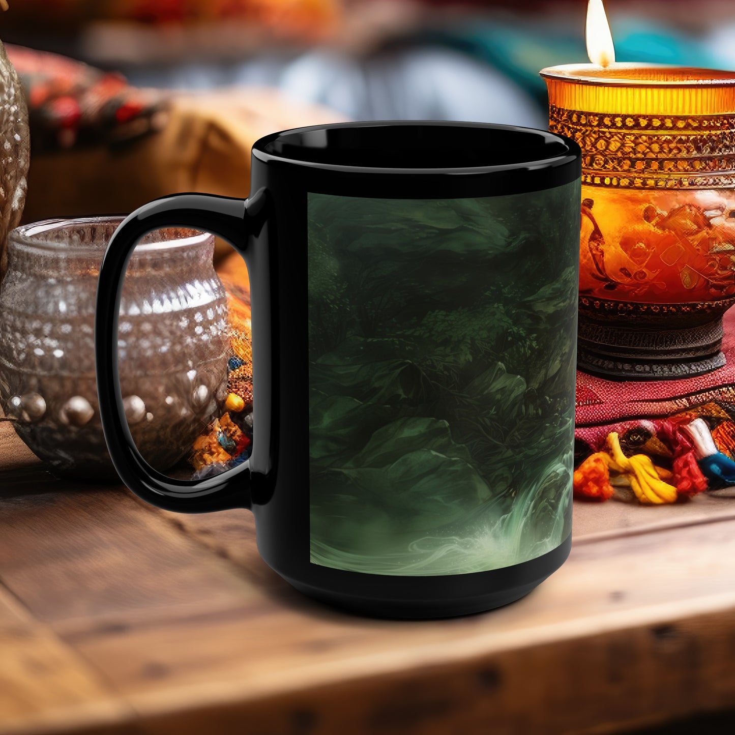 Danu's Enchanted Forest 15oz Black Ceramic Mug, Celtic Mother Goddess Essence, Verdant Woodland Serenity Sip