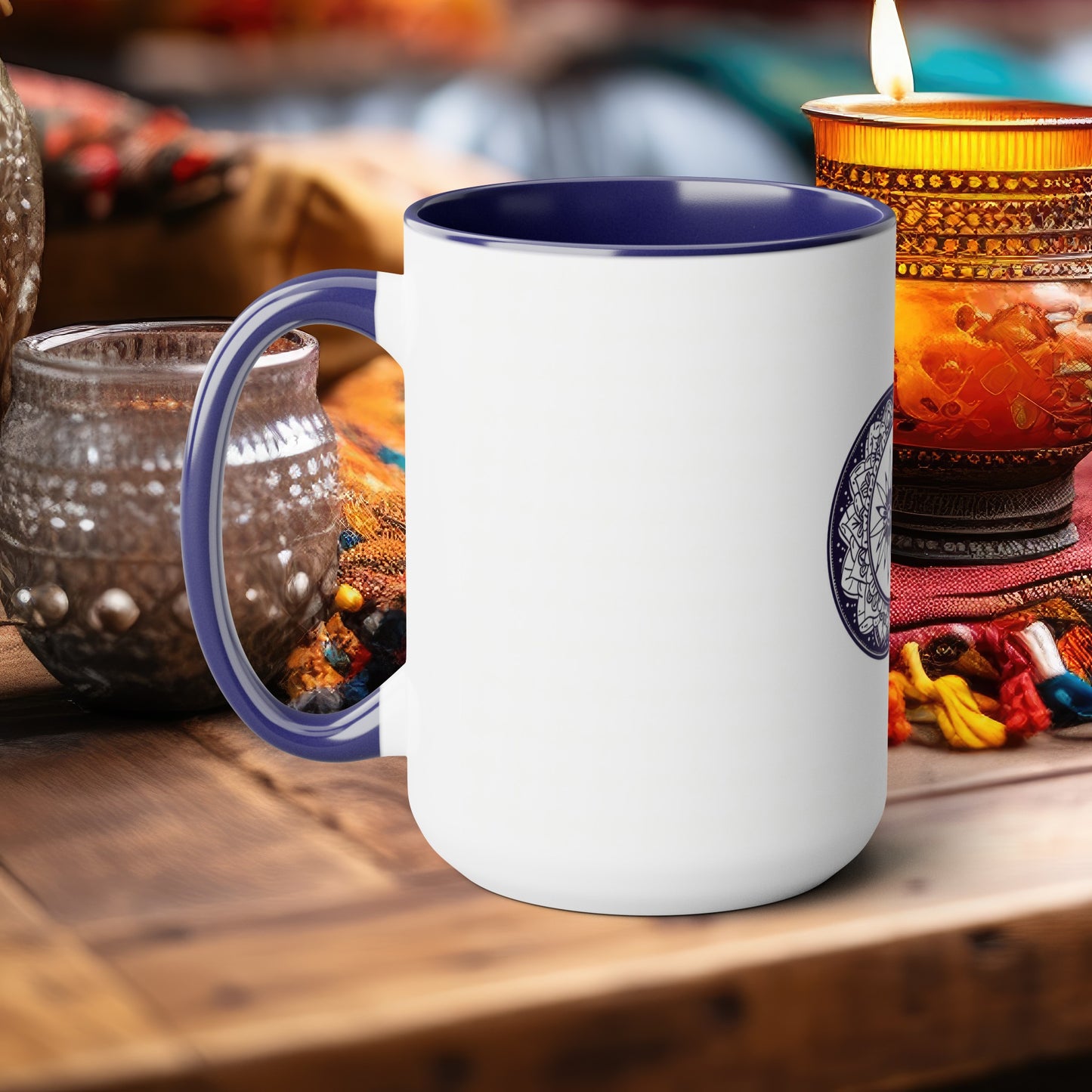 Bohemian Mandala Moon 15oz Coffee Mug with Vibrant Blue Handle & Interior, Intricate Crescent Design for Relaxing Evenings, Ideal Gift