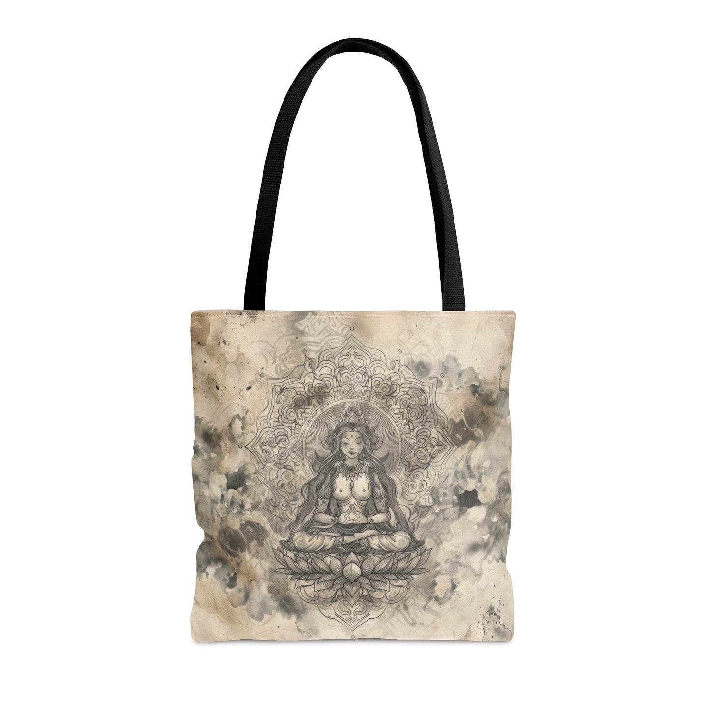 Air Goddess Polyester Tote Bag (Double Sided), Zen Nature Aesthetic, Sacred Geometry Style Fashion, 3 Sizes, Black Handles