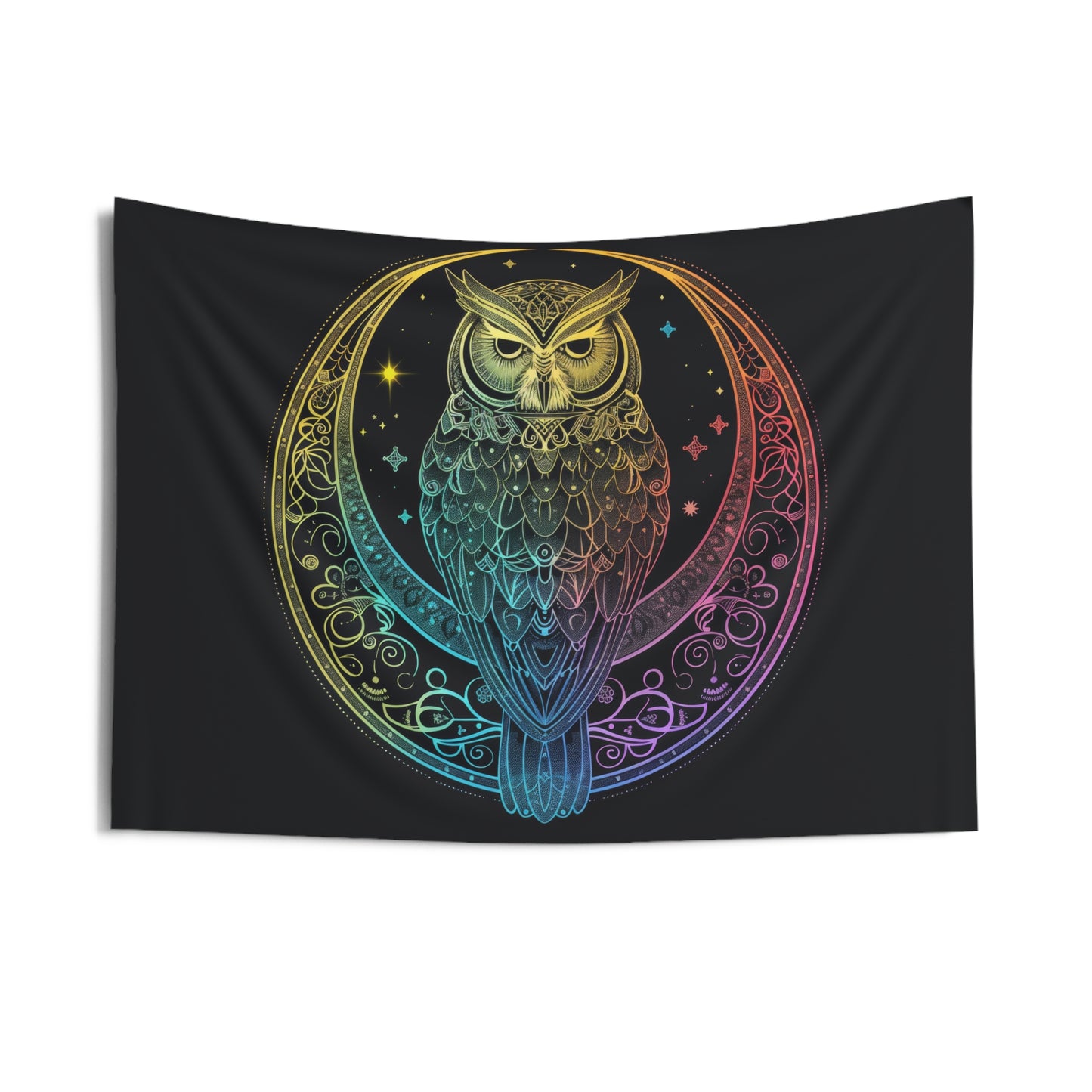 Lunar Sentinel Owl Indoor Wall Tapestry, Moonlit Avian Emblem, Cosmic Wisdom Design, Starry Night and Lunar Motif, Mystical Moonlit Wall Art