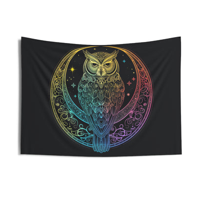 Lunar Sentinel Owl Indoor Wall Tapestry, Moonlit Avian Emblem, Cosmic Wisdom Design, Starry Night and Lunar Motif, Mystical Moonlit Wall Art