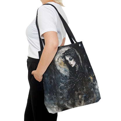 Nyx’s Nocturne Tote Bag, Dual-Sided Greek Goddess Design, Starry Night Elegance, Mystical Fashion Statement