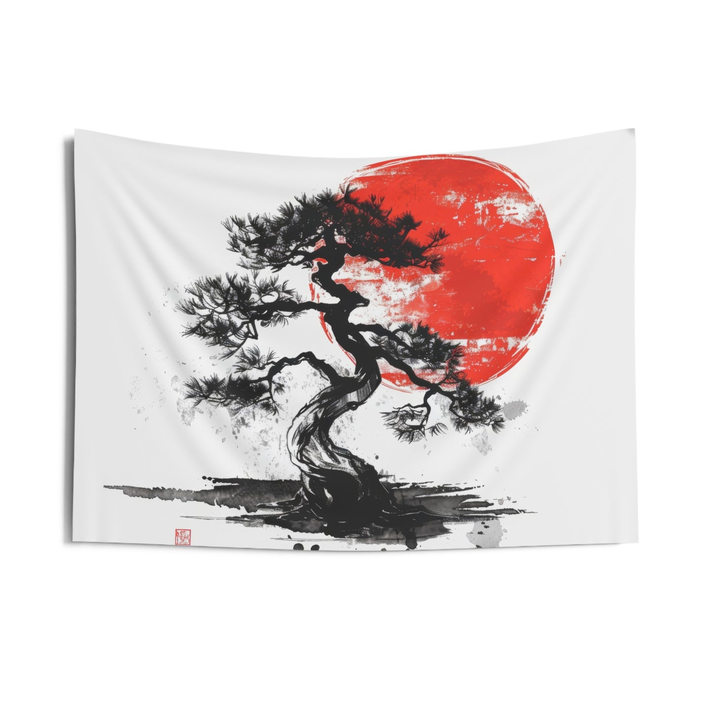 Traditional Chinese Bonsai & Red Sun Wall Tapestry, Elegant Ink Wash Style Art, Serene Zen Decor for Home, Bedroom, Living Space, and Dorms