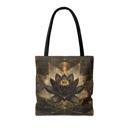 Black Lotus Blossom Polyester Tote Bag (Double Sided), Dark Occult and Sacred Geometry Inspired, Polyester with Black Handles in 3 Sizes