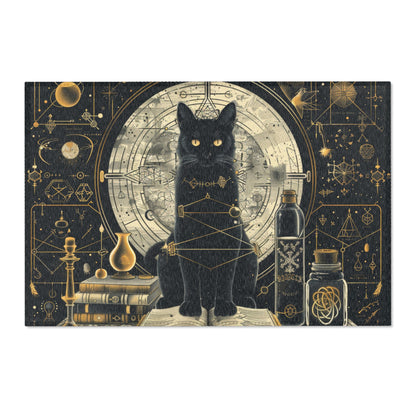 Black Cat & Spell Books Polyester Chenille Area Rug (3 Sizes), Mystical Sacred Geometry Design, Dark Occult Aesthetic Room Decor