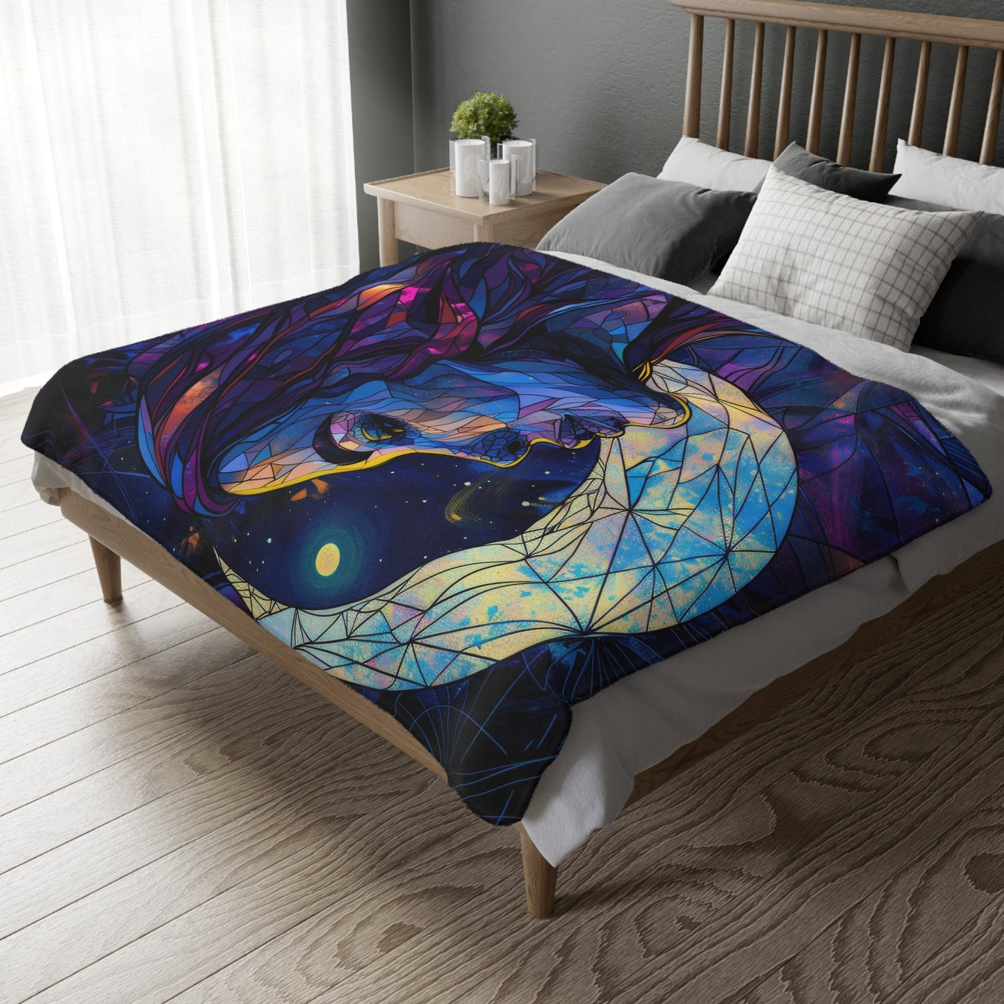 Moonlit Muse Stained Glass Double-Sided Throw Blanket, Lunar Goddess Illustration, Mystical Comfort for Nights & Cozy Spaces