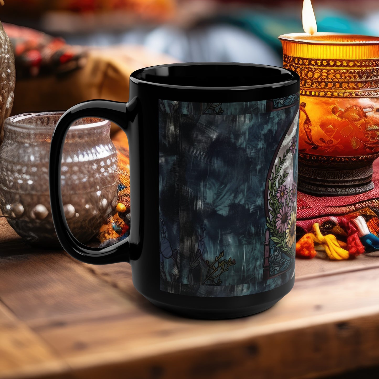 Moonlit Garden 15oz Ceramic Mug, Stained Glass Floral & Crescent Moon Design, Enchanting Nighttime Brew Cup for Tea and Twilight Musings