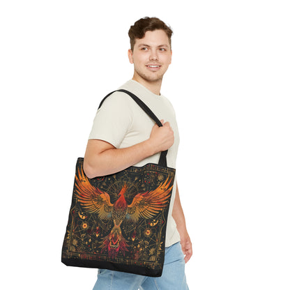 Rising Phoenix Polyester Tote Bag (Double Sided), Dark Occult and Sacred Geometry Inspired, Available in 3 Sizes with Black Handles