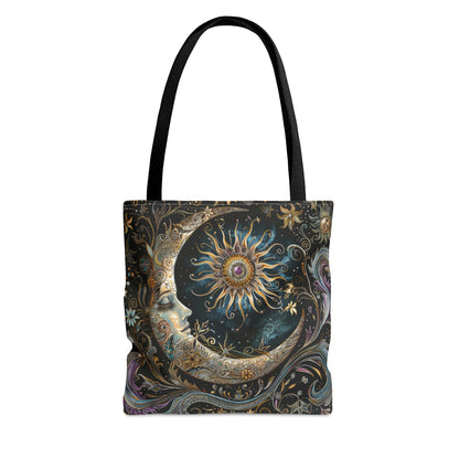 Crescent Moon & Sun Polyester Tote Bag (Double Sided), Art Nouveau and Mystical Folk Inspired, Available in 3 Sizes with Black Handles