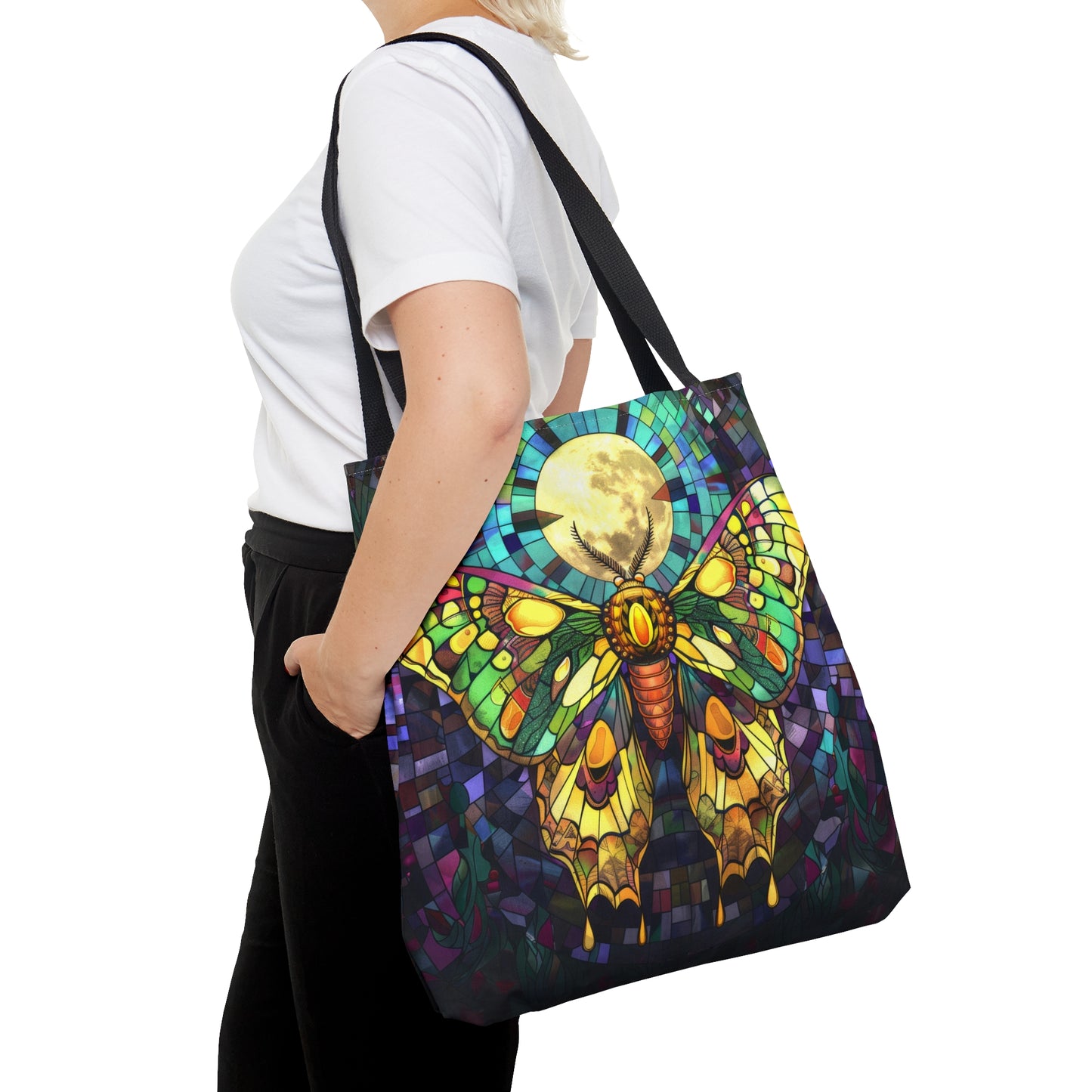 Mystic Moth & Moonlight Stained Glass Tote Bag, Enchanted Insect Design, Vibrant Accessory with Black Handles for Unique Style Statements