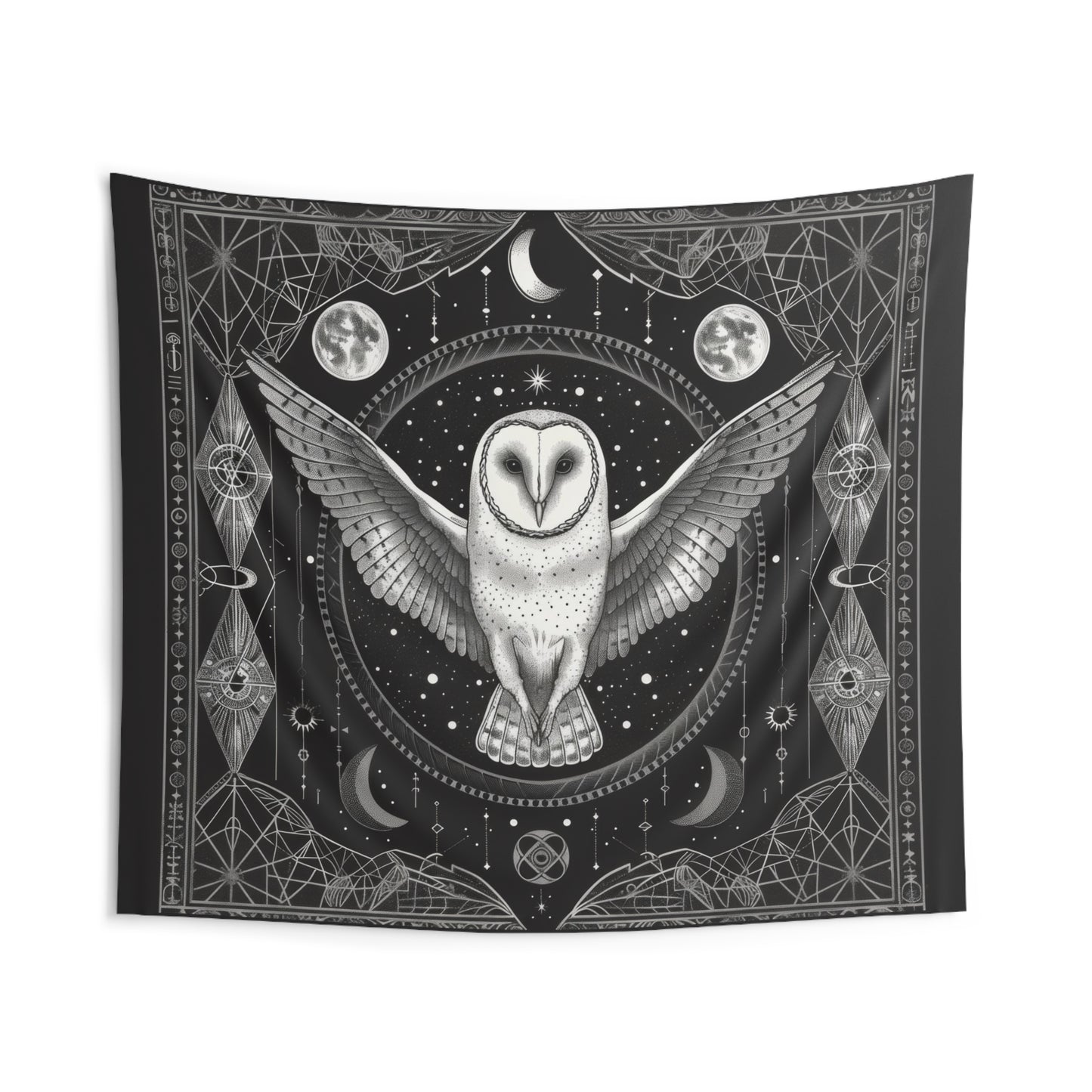 Mystical White Barn Owl Wall Tapestry - Enchanting Dark Occult and Sacred Geometry Home Decor, Available in 4 Sizes