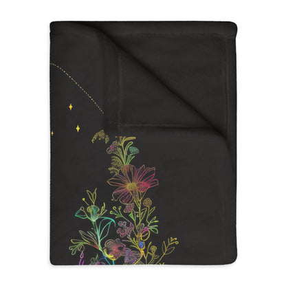 Celestial Garden Double-Sided Throw Blanket, Cosmic Bloom Aesthetic, Moonlit Floral Symphony, Starlit Wilderness Design, Galactic Botanical Art