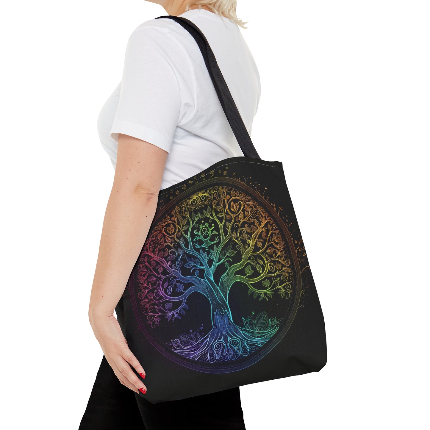 Mystic Arbor Double-Sided Tote Bag, Enchanted Tree of Life Motif, Magical Spectrum Design, Folklore Forest Decor, Radiant Nature Accessory