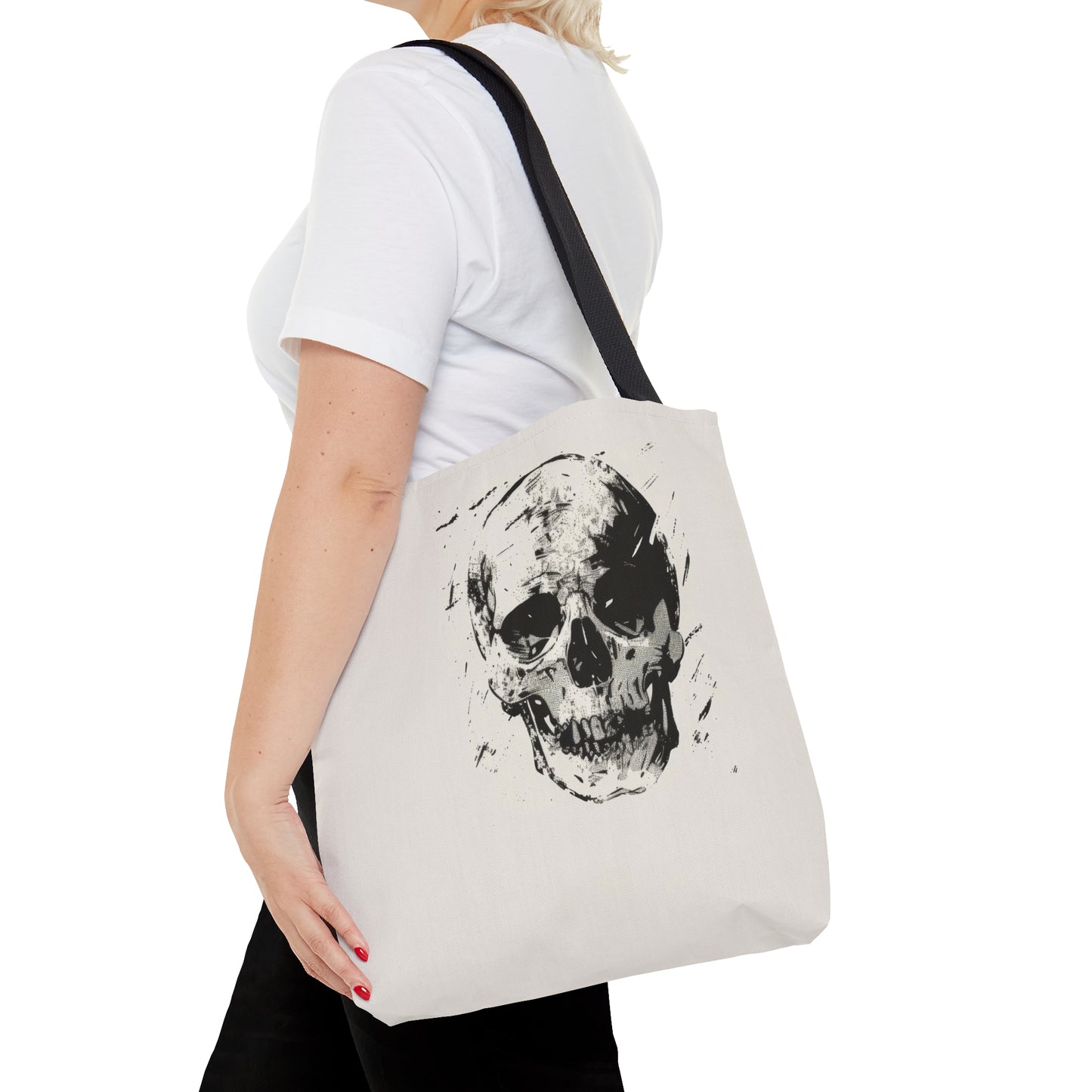 Grunge Skull Print Double Sided Tote Bag (3 Sizes), Monochrome Gothic Art Decor, Stylish Edgy Fashion, Black Handles, Minimalist Cryptic Aesthetic