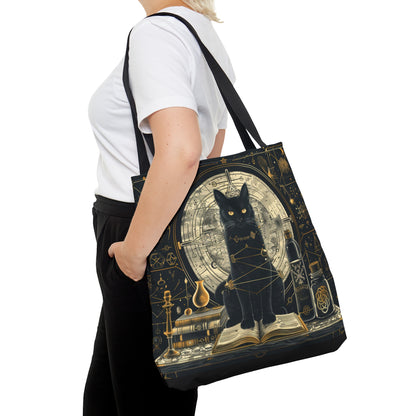 Black Cat & Spell Books Polyester Tote Bag (Double Sided), Dark Occult and Geometry Fashion, Polyester Material with Black Handles in 3 Sizes