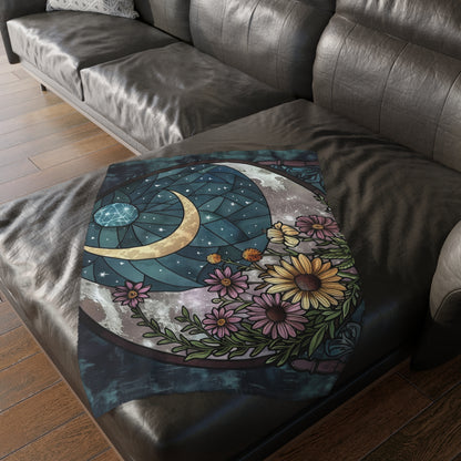 Nocturnal Blossom & Crescent Moon Stained Glass Double-Sided Throw Blanket, Starlit Floral Elegance, Soft Warmth for Evening Unwinding