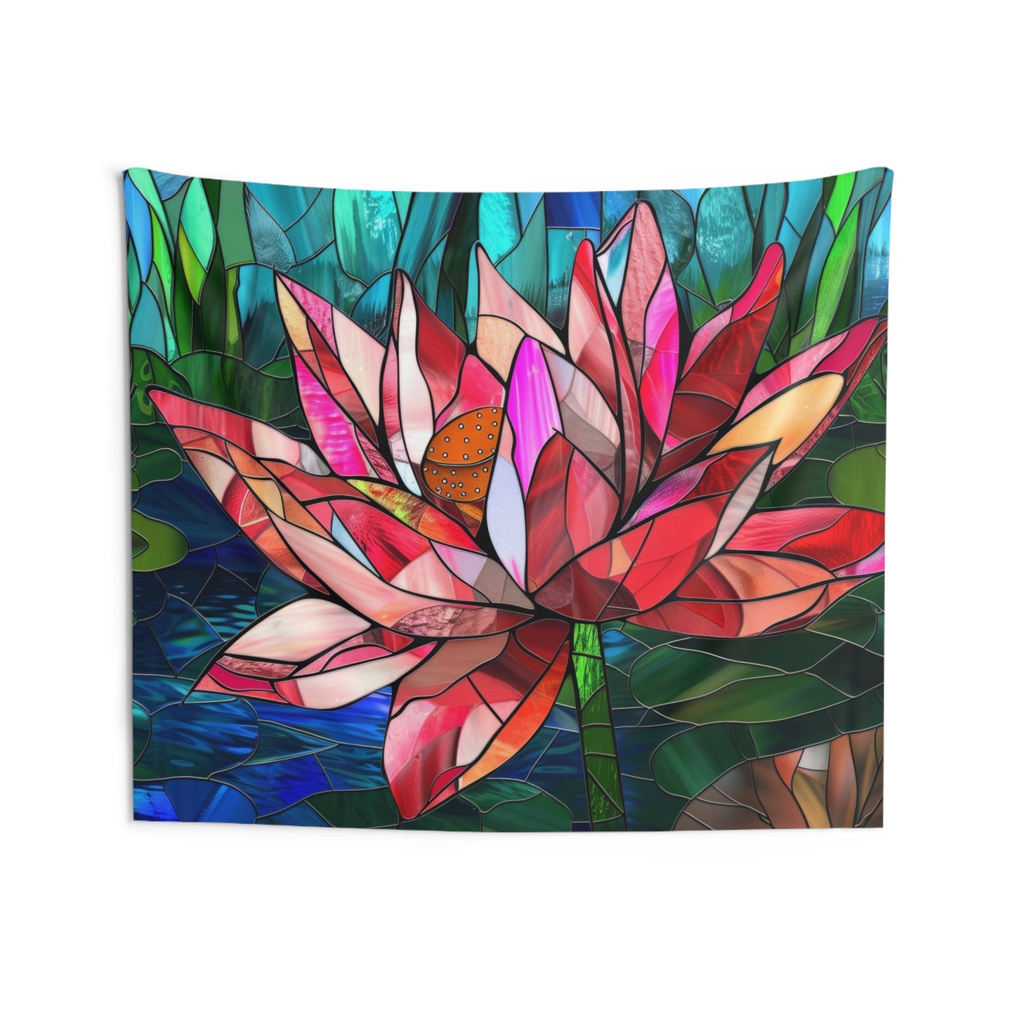 Stained Glass Lotus Flower Wall Tapestry, Radiant Botanical Design, Serene Ambiance Enhancer for Meditation and Living Spaces, Home Decor