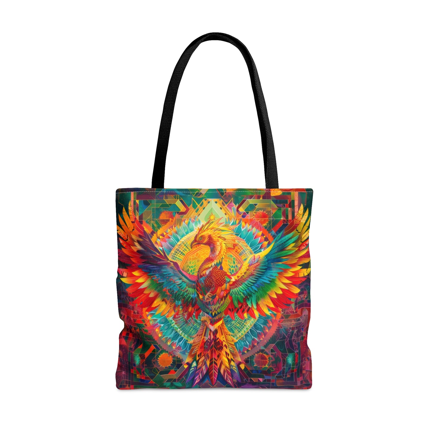 Psychedelic Rainbow Phoenix Double Sided Tote Bag, Street Art Aesthetic, Vibrant Colorful Fashion Style, 3 Sizes, Black Handles