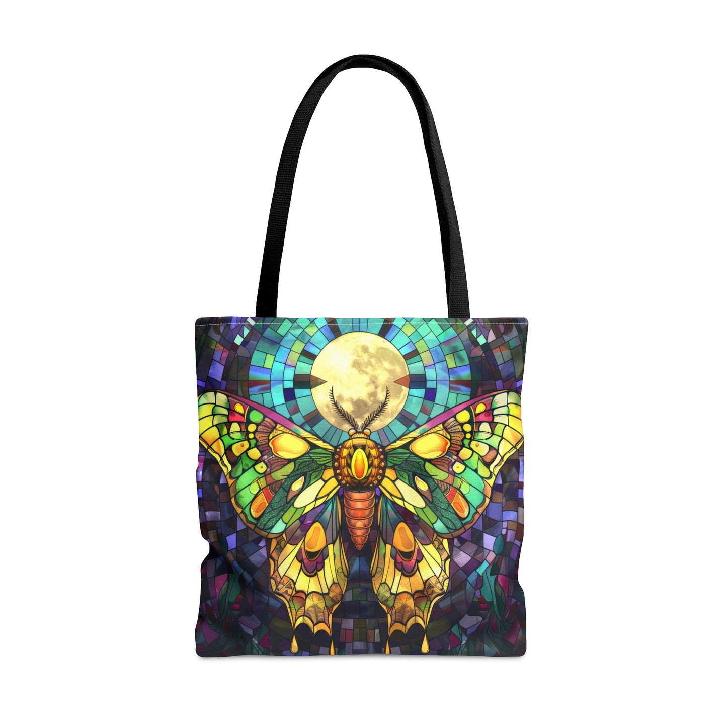 Mystic Moth & Moonlight Stained Glass Tote Bag, Enchanted Insect Design, Vibrant Accessory with Black Handles for Unique Style Statements