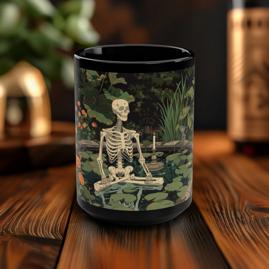 Skeleton Meditating in Zen Garden  15oz Coffee Mug, Cottagecore Design, Gothic Folk Style Lover Tea Mug, Gift For Her, Black Handle