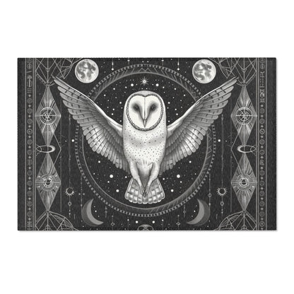 White Barn Owl Polyester Chenille Area Rug (3 Sizes), Sacred Geometry Aesthetic, Dark Occult Bedroom, Living Room & Dorm Room Decor