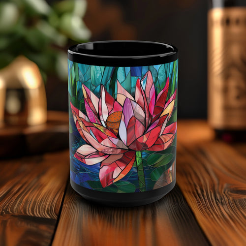 Vibrant Stained Glass Lotus 15oz Ceramic Mug, Floral Elegance, Serene Morning Coffee Companion, Inspiring Zen Beverage Experience