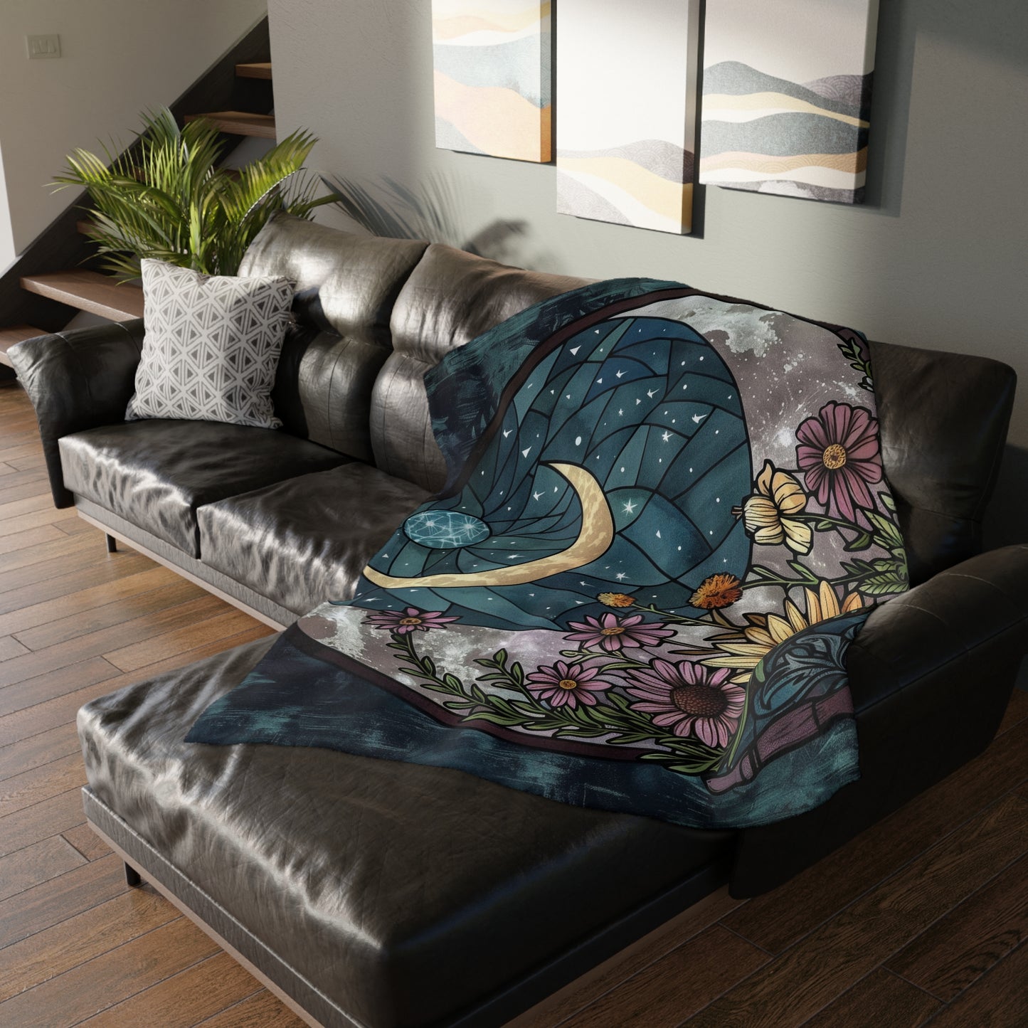 Nocturnal Blossom & Crescent Moon Stained Glass Double-Sided Throw Blanket, Starlit Floral Elegance, Soft Warmth for Evening Unwinding