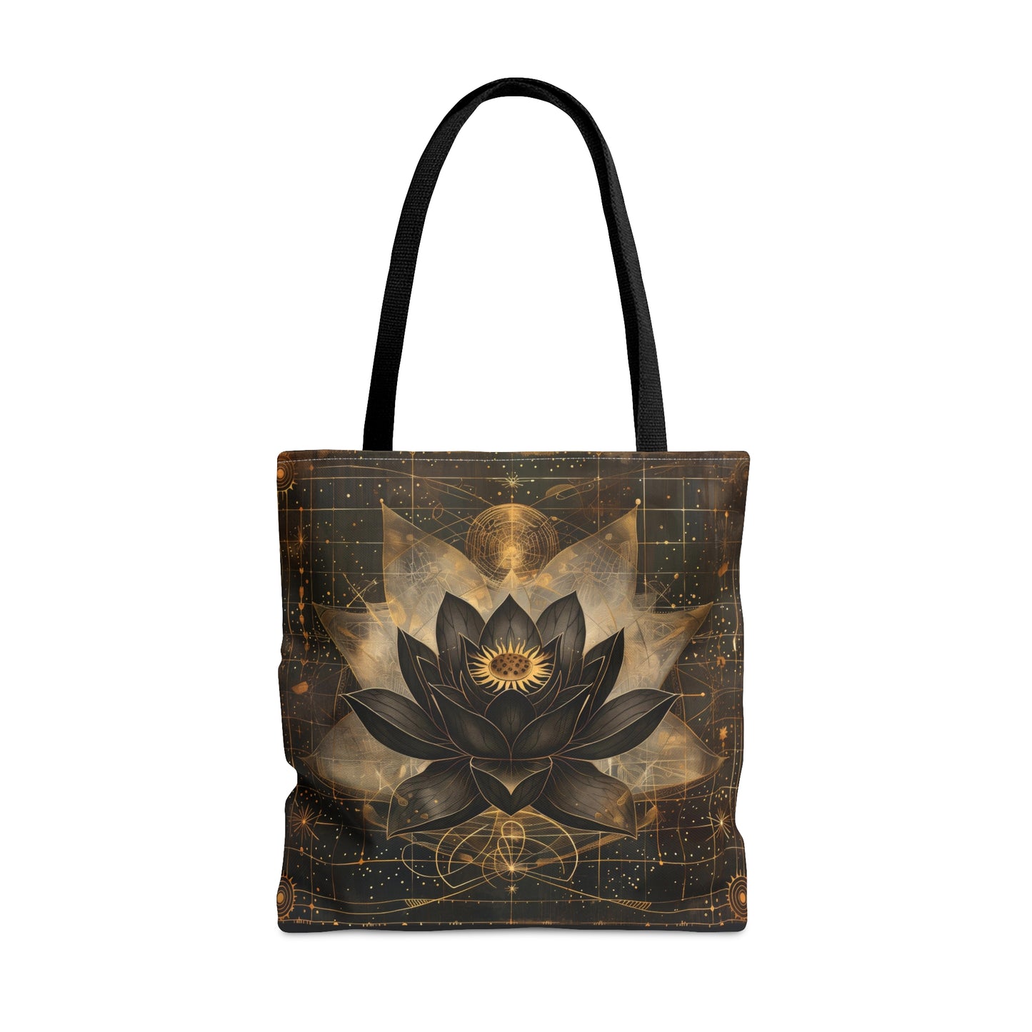 Black Lotus Blossom Polyester Tote Bag (Double Sided), Dark Occult and Sacred Geometry Inspired, Polyester with Black Handles in 3 Sizes