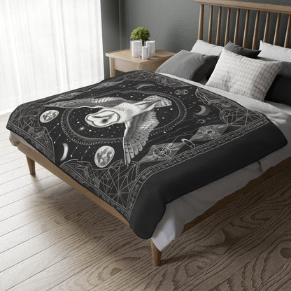 Enchanted White Barn Owl Decorative Double Sided Throw Blanket – Sacred Geometry and Occult Motifs for Home