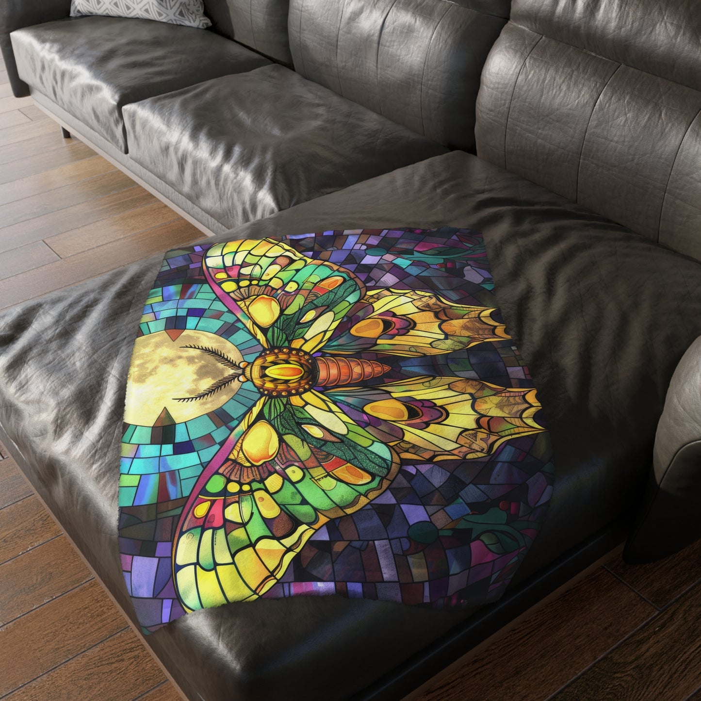 Illuminated Sunset Moth & Crescent Moon Stained Glass Double-Sided Throw Blanket, Luminous Winged Beauty, Luxurious Comfort for Restful Slumber