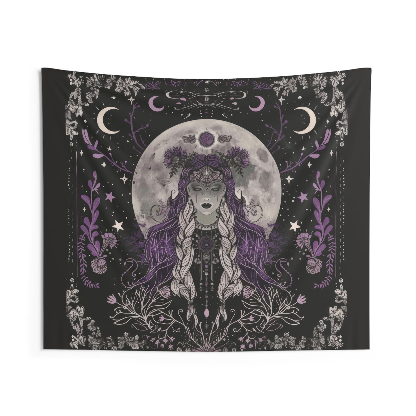 Enchanted Lunar Goddess & Wildflower Wall Tapestry – Mystical Moonlit Decor for Home & Dorm