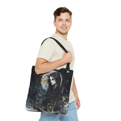 Nyx’s Nocturne Tote Bag, Dual-Sided Greek Goddess Design, Starry Night Elegance, Mystical Fashion Statement