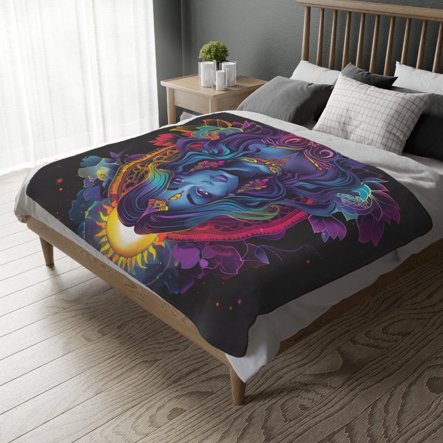 Cosmic Goddess Double Sided Throw Blanket, Electric Mandala Design, Neon Aesthetic, Mystical Magical Bedroom, Living, and Dorm Room Decor