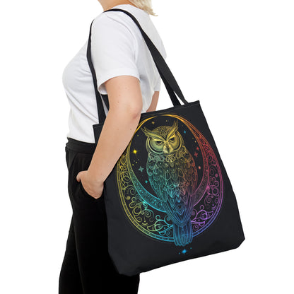 Lunar Sentinel Owl Double-Sided Tote Bag, Moonlit Avian Emblem, Cosmic Wisdom Design, Starry Night and Lunar Motif, Mystical Moonlit Accessory