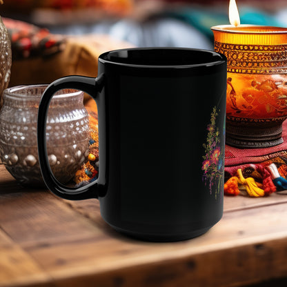 Celestial Garden 15oz Black Ceramic Mug, Cosmic Bloom Aesthetic, Moonlit Floral Symphony, Starlit Wilderness Design, Galactic Botanical Drinkware