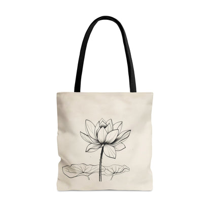 Lotus Flower Line Art Tote Bag (3 Sizes), Elegant Botanical Illustration, Peaceful Zen Fashion Style, Black Handles, Minimalist Aesthetic