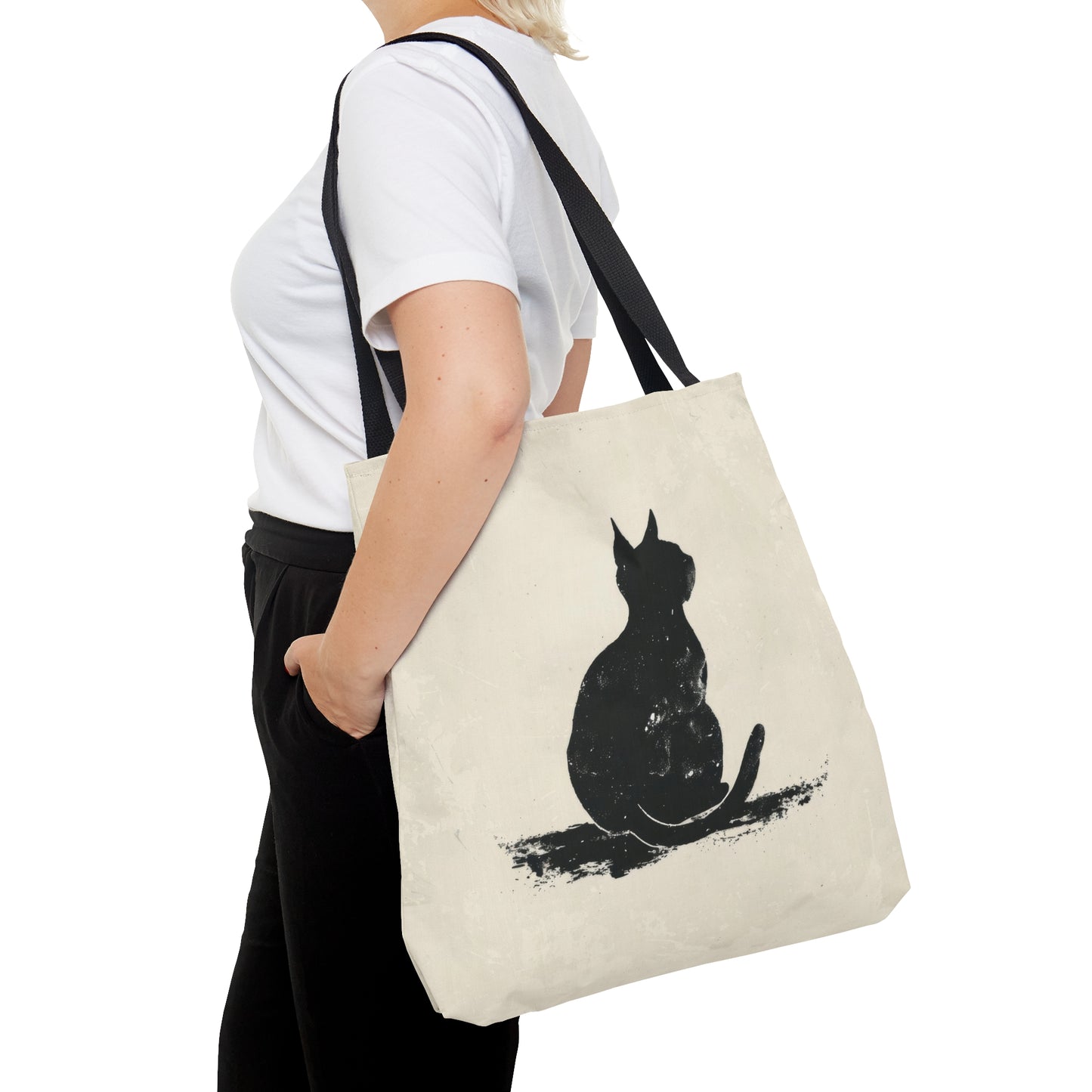 Silhouette Cat Double Sided Tote Bag (3 Sizes), Modern Minimalist Feline Art, Chic Monochrome Pet Fashion Style, Black Handles