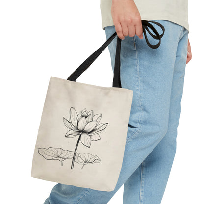 Lotus Flower Line Art Tote Bag (3 Sizes), Elegant Botanical Illustration, Peaceful Zen Fashion Style, Black Handles, Minimalist Aesthetic