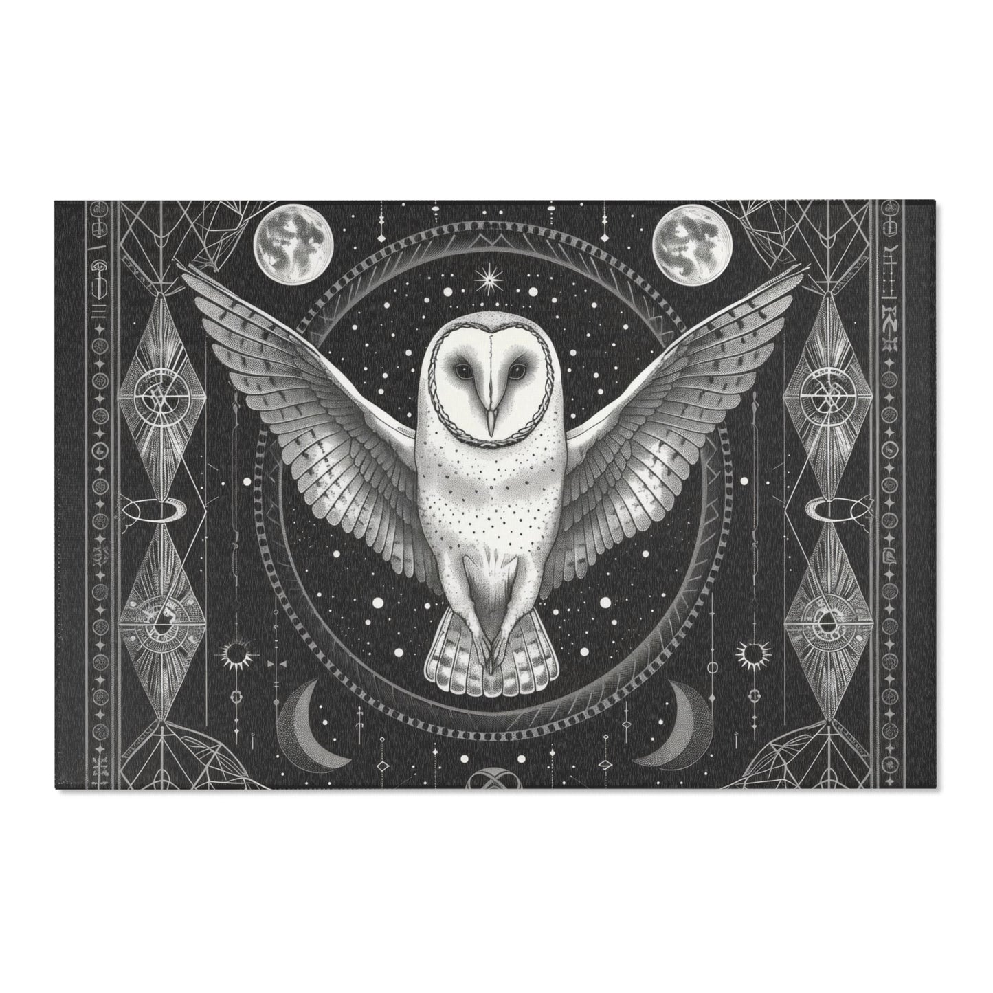 White Barn Owl Polyester Chenille Area Rug (3 Sizes), Sacred Geometry Aesthetic, Dark Occult Bedroom, Living Room & Dorm Room Decor