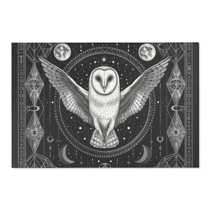 White Barn Owl Polyester Chenille Area Rug (3 Sizes), Sacred Geometry Aesthetic, Dark Occult Bedroom, Living Room & Dorm Room Decor