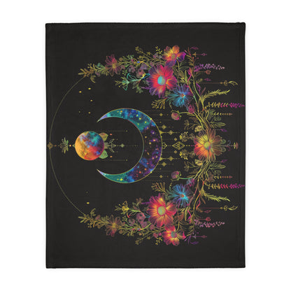 Celestial Garden Double-Sided Throw Blanket, Cosmic Bloom Aesthetic, Moonlit Floral Symphony, Starlit Wilderness Design, Galactic Botanical Art