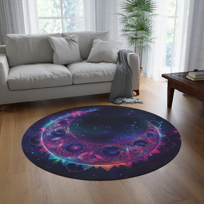 Electric Crescent Moon Chenille Round Area Rug, Vibrant Neon Glowing Lunar Aesthetic for Home