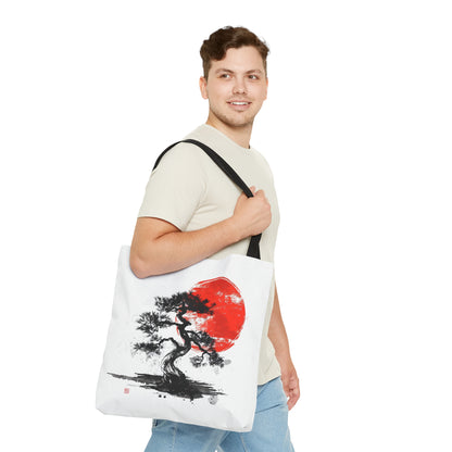 Traditional Chinese Bonsai & Red Sun Tote Bag (3 Sizes), Elegant Ink Wash Style Art, Serene Zen Fashion Style, Black Handles, Minimalist Aesthetic