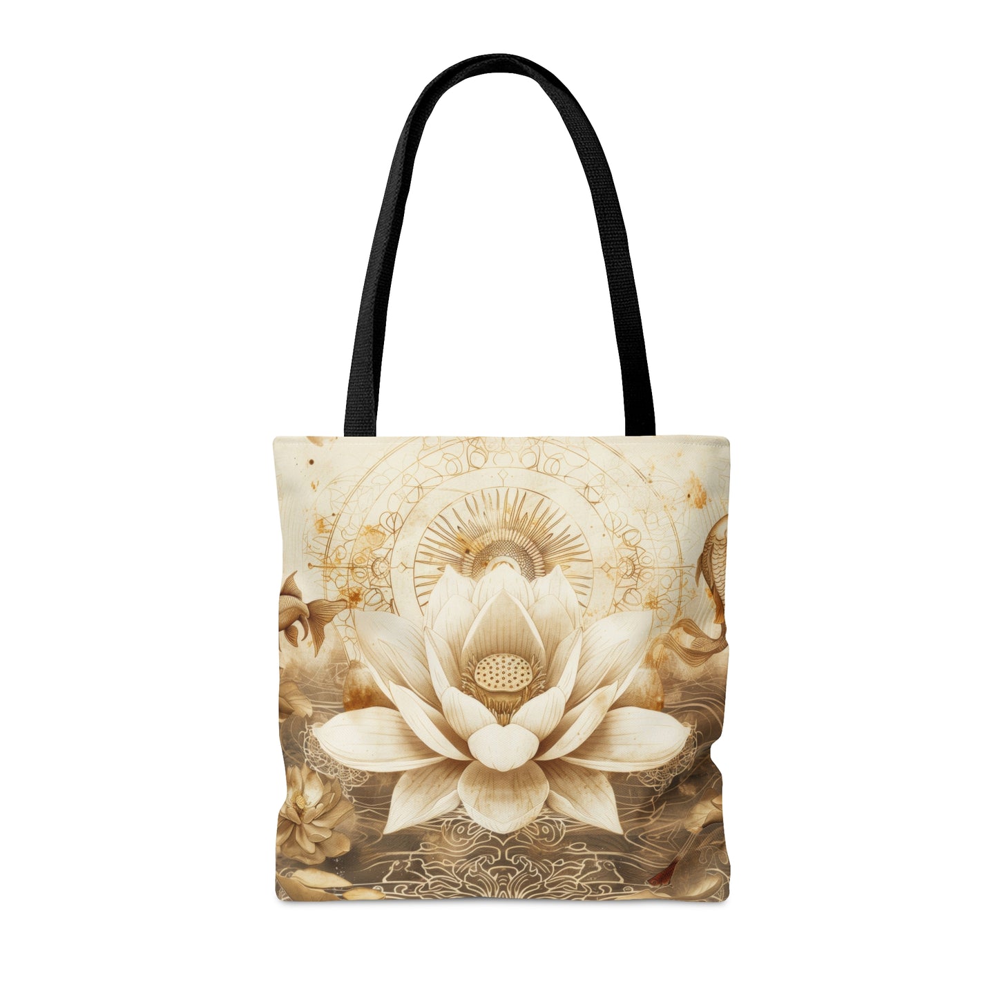 White Lotus Blossom Double Sided Tote Bag, Ancient Occult Aesthetic, Zen Nature Fashion Style, 3 Sizes, Black Handles