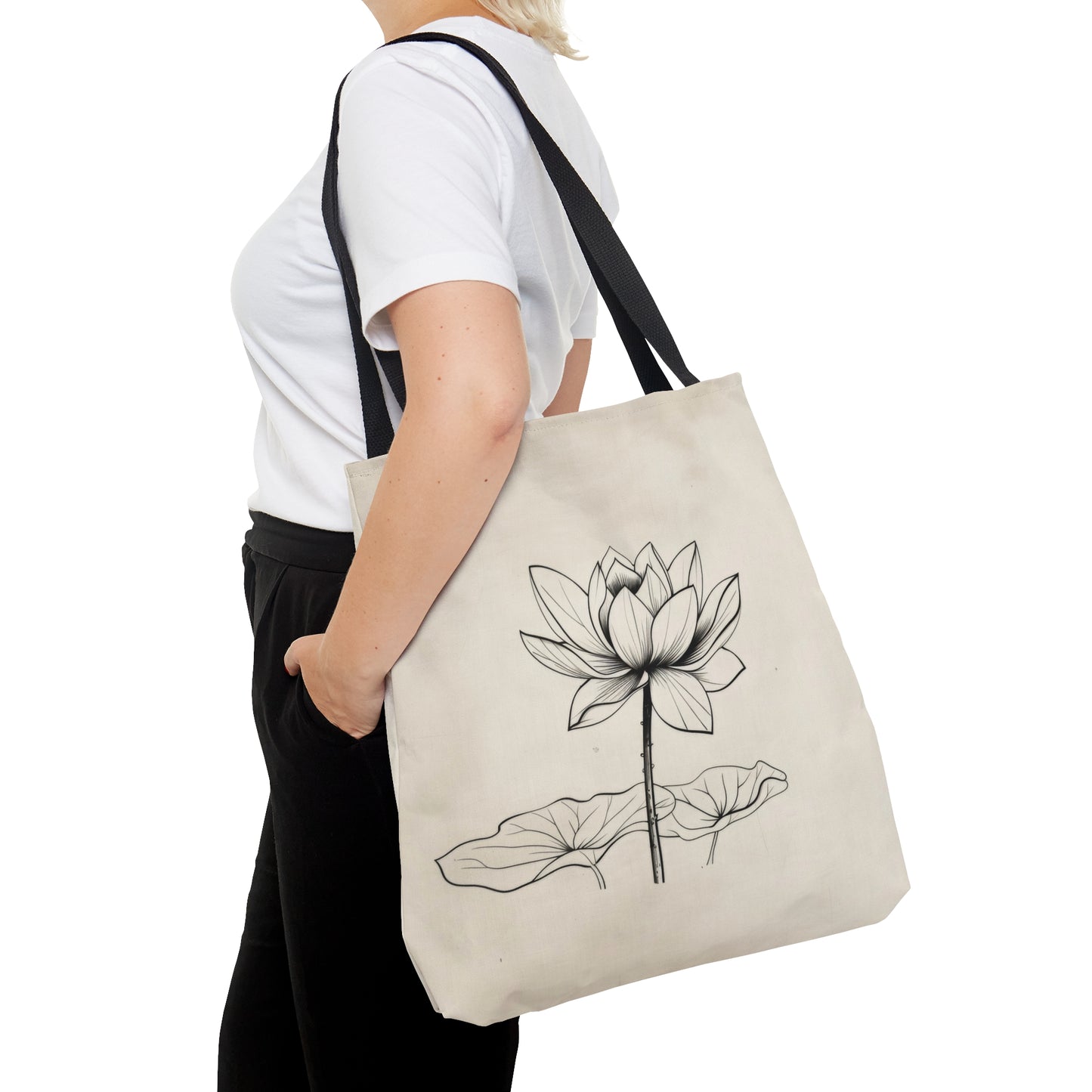 Lotus Flower Line Art Tote Bag (3 Sizes), Elegant Botanical Illustration, Peaceful Zen Fashion Style, Black Handles, Minimalist Aesthetic