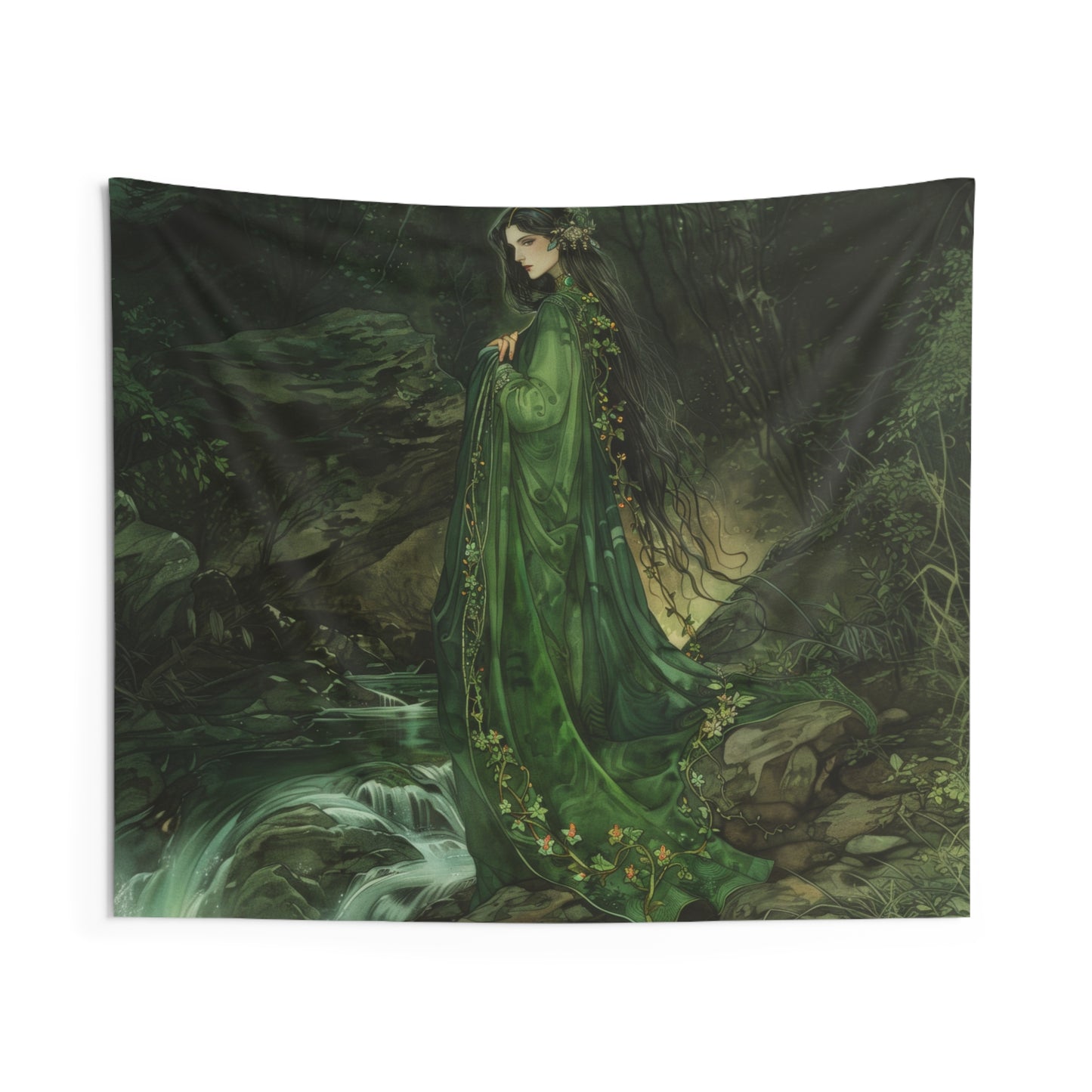 Danu’s Enchanted Forest Wall Tapestry, Celtic Mother Goddess Verdure, Mystical Woodland Scene, Enthralling Home Decor