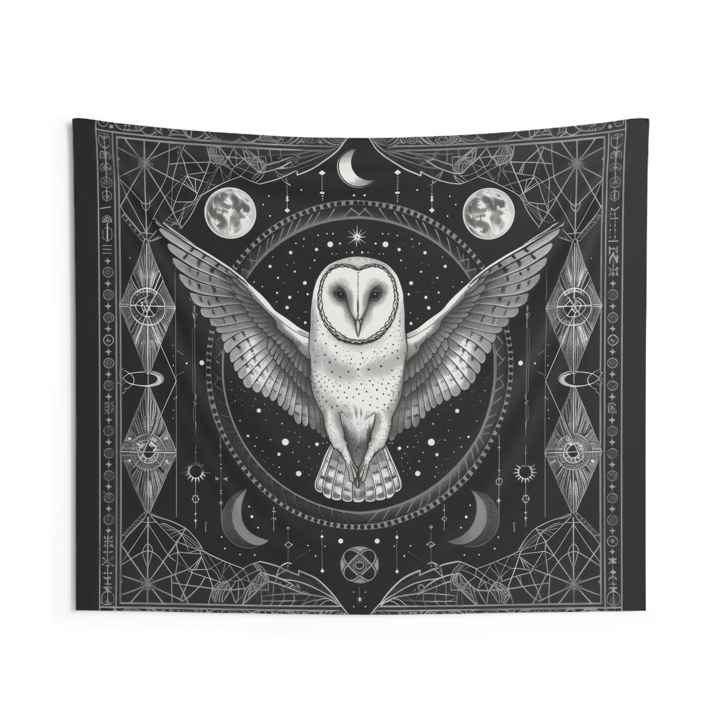 Mystical White Barn Owl Wall Tapestry - Enchanting Dark Occult and Sacred Geometry Home Decor, Available in 4 Sizes